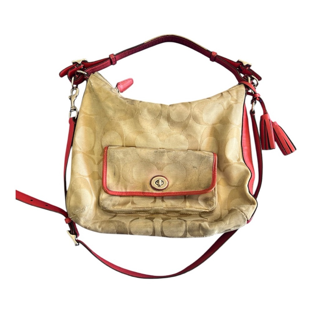 Coach Beige Canvas Hobo Bag with Red Leather Trim